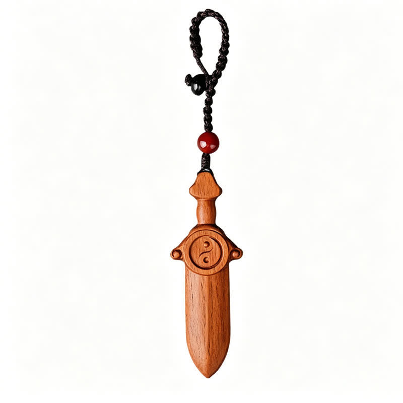 Buddha Stones Porte-clés en bois de jujubier avec épée gravée représentant l'équilibre Yin Yang - image 7