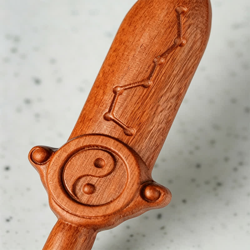 Buddha Stones Porte-clés en bois de jujubier avec épée gravée représentant l'équilibre Yin Yang - image 11