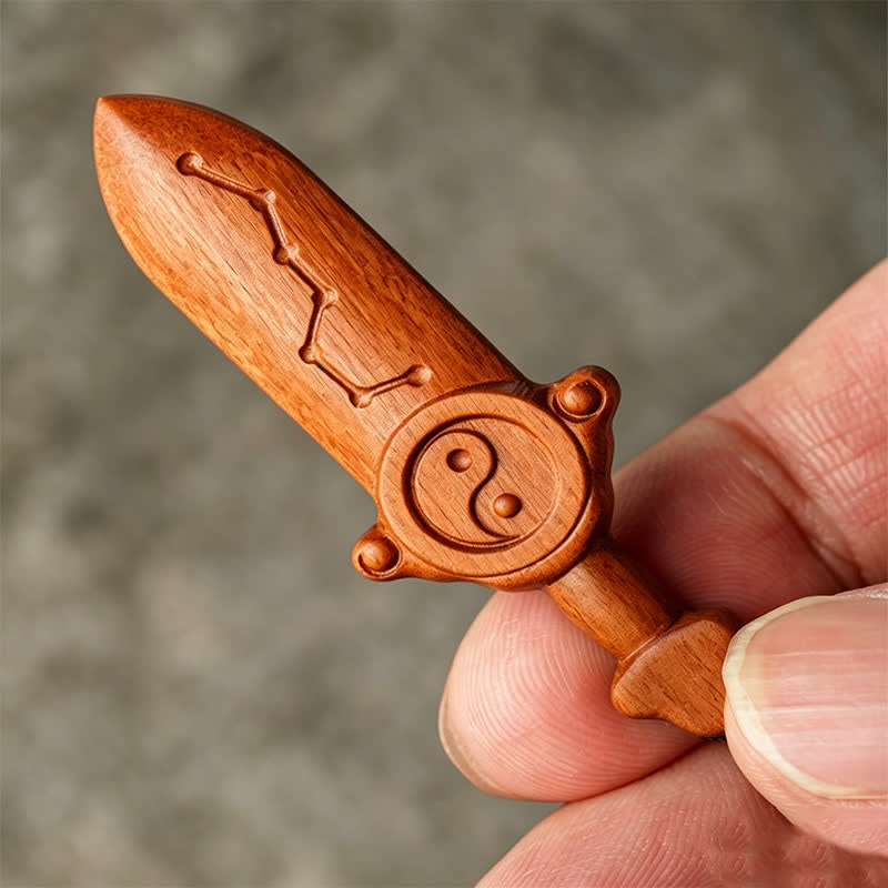 Buddha Stones Porte-clés en bois de jujubier avec épée gravée représentant l'équilibre Yin Yang - image 8