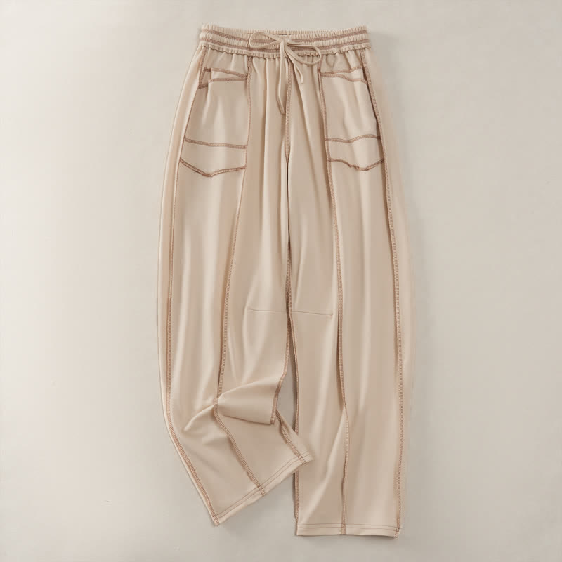 Pantalon d'été Buddha Stones et minimaliste à cordon de serrage et poches plaquées, couleur unie, ourlet 7/8, pour femme. - Beige - US8-10, UK/AU12-14, EU40-42 (2XL) - image 0
