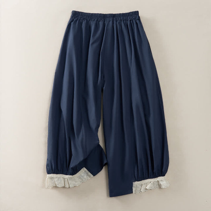 Buddha Stones Pantalon court uni style vintage décontracté d'été pour femme, jambes larges et poches - image 1