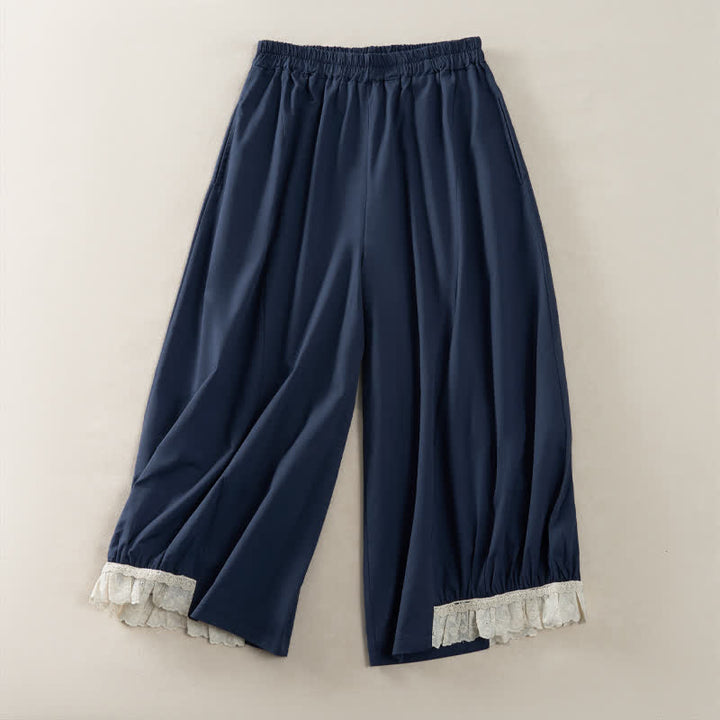 Buddha Stones Pantalon court uni style vintage décontracté d'été pour femme, jambes larges et poches - image 2