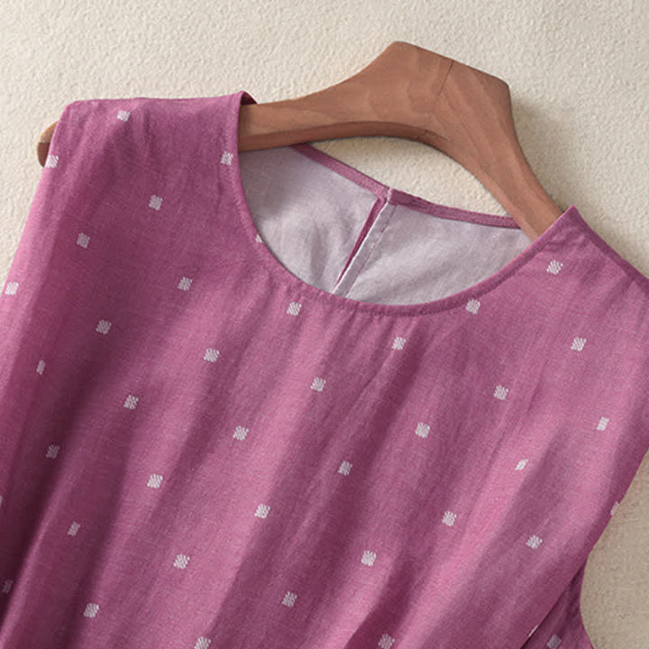 Buddha Stones Robe d'été élégante et décontractée à pois, sans manches, avec cordon de serrage et poches, pour femme. - image 3