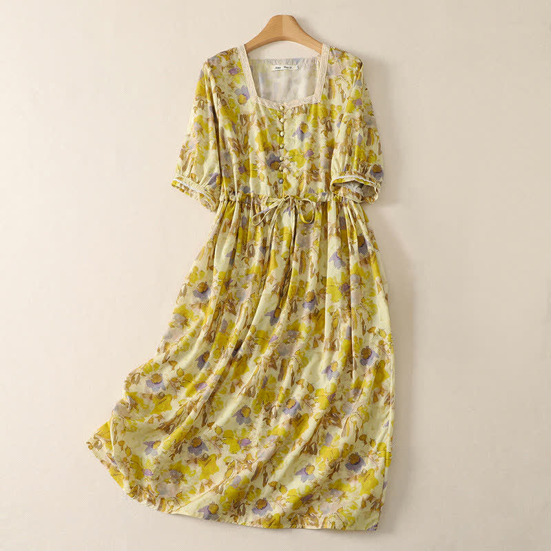 Buddha Stones Robe courte à manches courtes fleurie, style vintage printemps-été, avec cordon de serrage et poches. - Kaki - US14, UK/AU18, EU46 (2XL) - image 0