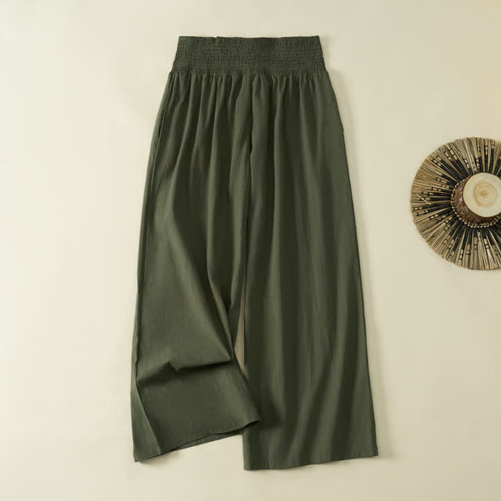 Buddha Stones Pantalon long uni décontracté et minimaliste pour femme, style printemps-été, jambes larges et poches - Vert olive foncé - US8-10，UK/AU12-14，EU40-42 (2XL) - image 7