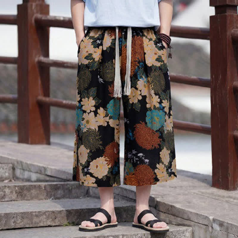 Buddha Stones Pantalon Capri fleuri bohème vintage d'été à cordon de serrage, coupe droite, avec poches - image 1