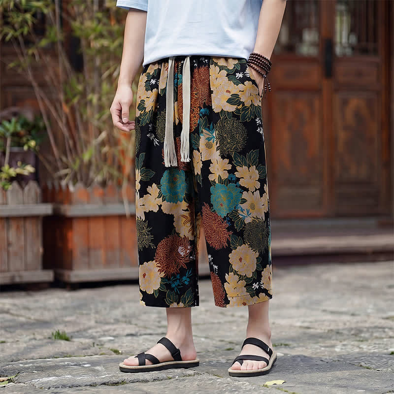 Buddha Stones Pantalon Capri fleuri bohème vintage d'été à cordon de serrage, coupe droite, avec poches - Noir - US/UK/AU46, EU56 (5XL) - image 0