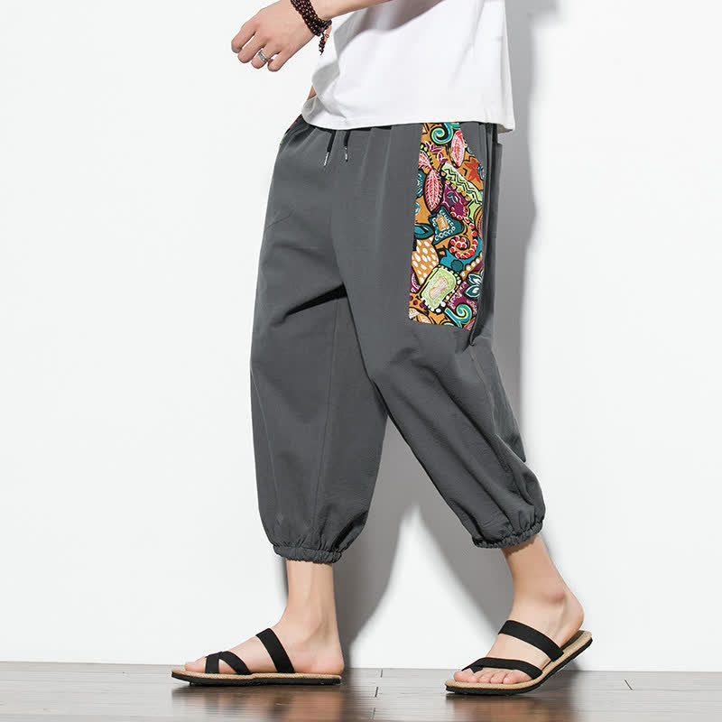 Buddha Stones Pantalon Capri bohème décontracté d'été à cordon de serrage et imprimé abstrait, style sarouel, avec poches - Gris terne - US/UK/AU46, EU56 (5XL) - image 0