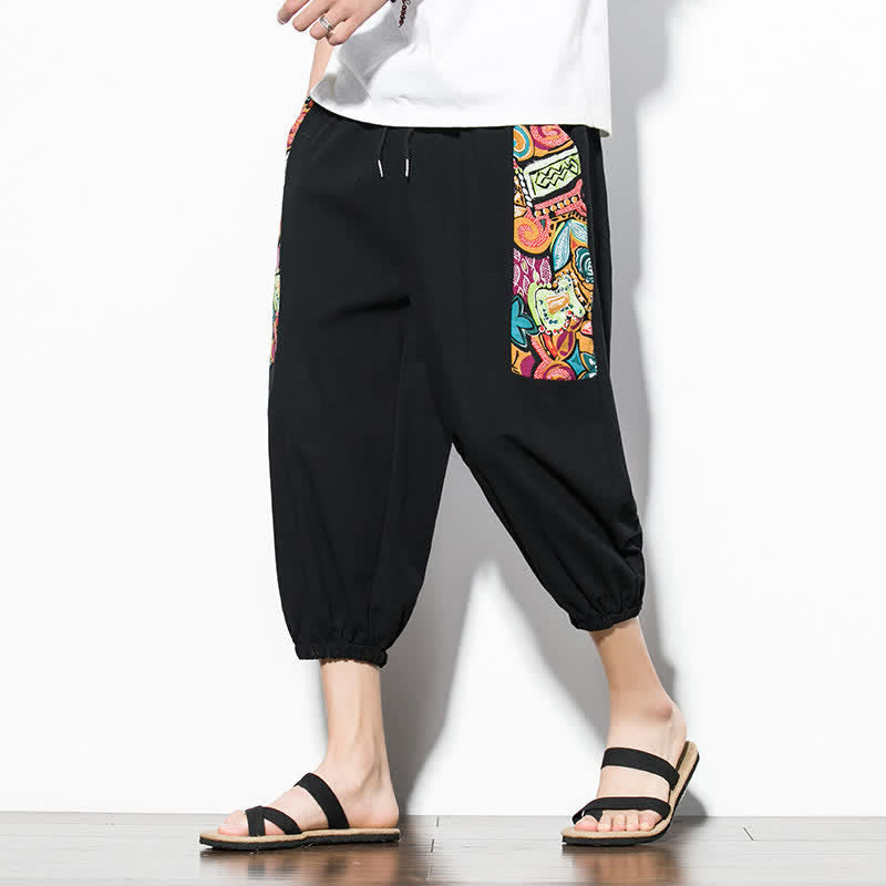 Buddha Stones Pantalon Capri bohème décontracté d'été à cordon de serrage et imprimé abstrait, style sarouel, avec poches - image 14