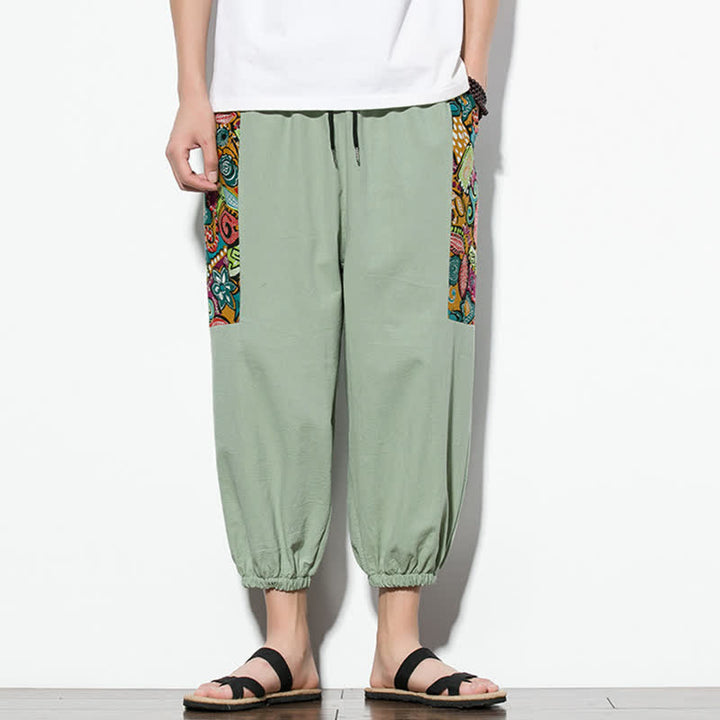 Buddha Stones Pantalon Capri bohème décontracté d'été à cordon de serrage et imprimé abstrait, style sarouel, avec poches - Vert foncé - US/UK/AU46, EU56 (5XL) - image 22