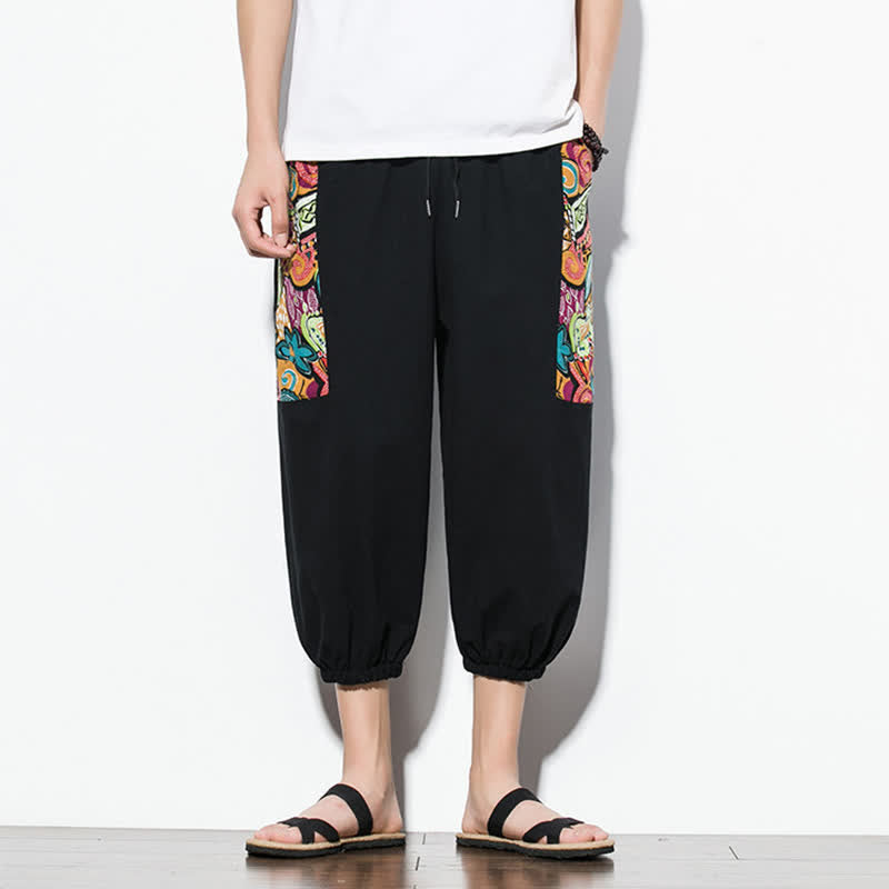 Buddha Stones Pantalon Capri bohème décontracté d'été à cordon de serrage et imprimé abstrait, style sarouel, avec poches - Noir - US/UK/AU46, EU56 (5XL) - image 13