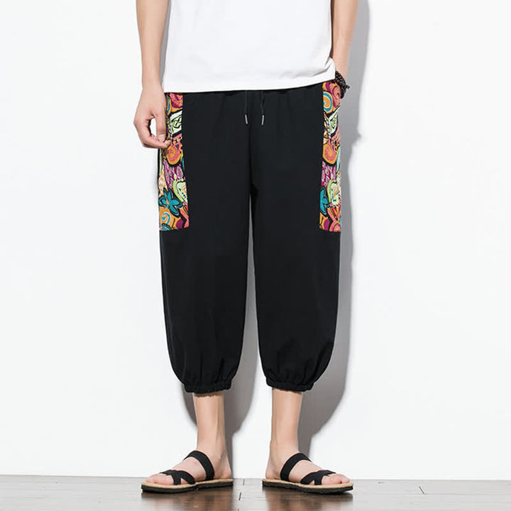 Buddha Stones Pantalon Capri bohème décontracté d'été à cordon de serrage et imprimé abstrait, style sarouel, avec poches - Noir - US/UK/AU46, EU56 (5XL) - image 13