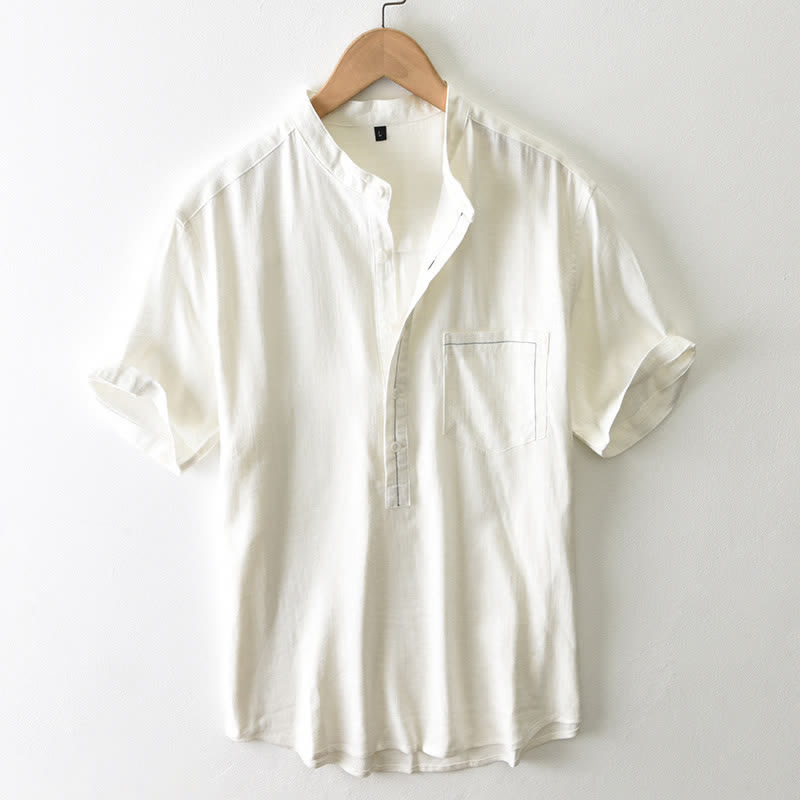 Buddha Stones Chemise homme décontractée d'été à col mandarin et manches courtes boutonnées, avec poche - Blanc antique - US/UK/AU42, EU52 (3XL) - image 0