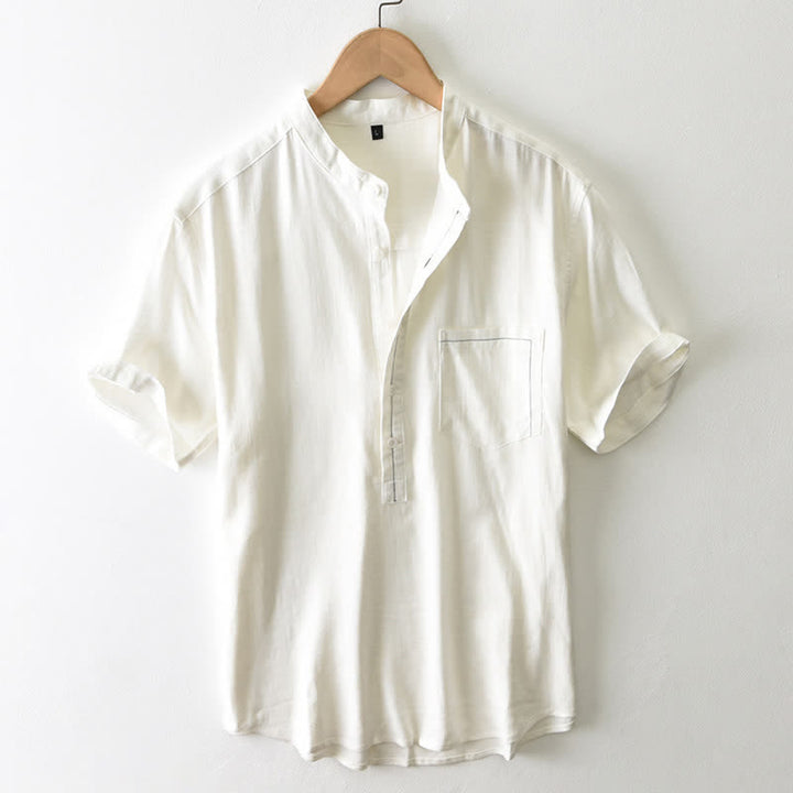 Buddha Stones Chemise homme décontractée d'été à col mandarin et manches courtes boutonnées, avec poche - Blanc antique - US/UK/AU42, EU52 (3XL) - image 0