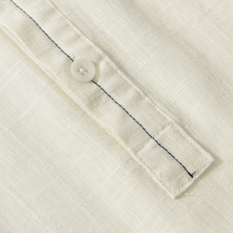 Buddha Stones Chemise homme décontractée d'été à col mandarin et manches courtes boutonnées, avec poche - image 5