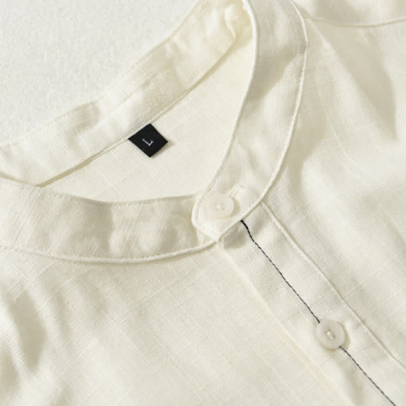 Buddha Stones Chemise homme décontractée d'été à col mandarin et manches courtes boutonnées, avec poche - image 2