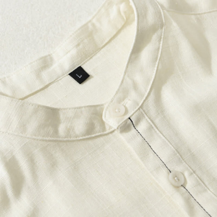 Buddha Stones Chemise homme décontractée d'été à col mandarin et manches courtes boutonnées, avec poche - image 2