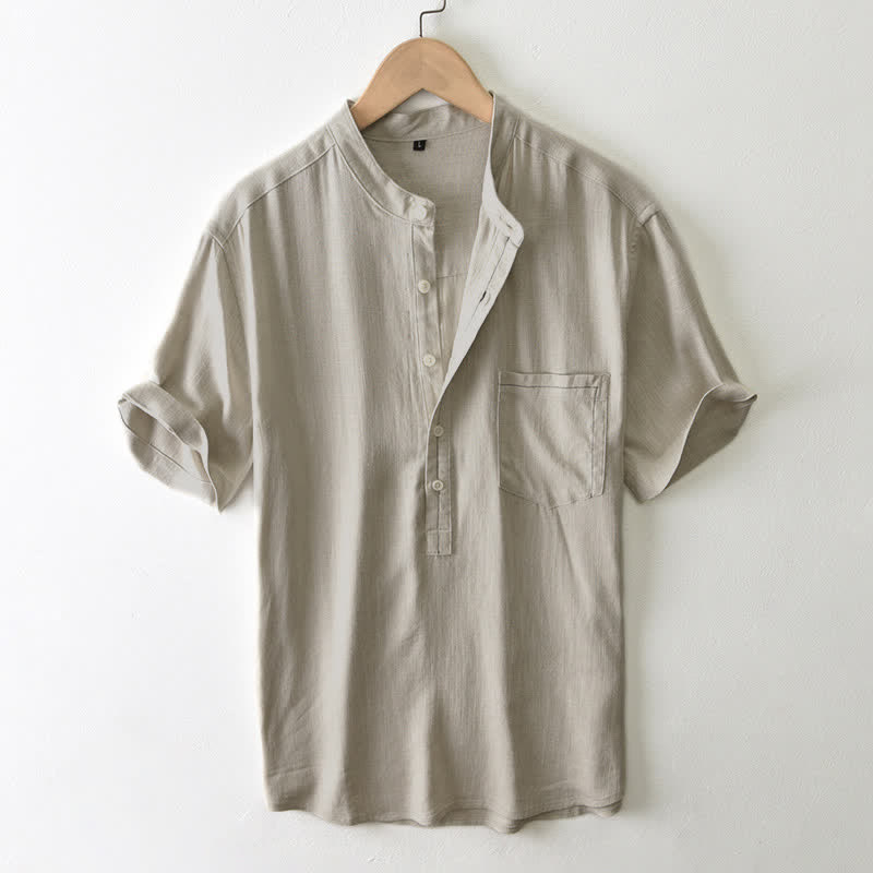 Buddha Stones Chemise homme décontractée d'été à col mandarin et manches courtes boutonnées, avec poche - Tanné - US/UK/AU42, EU52 (3XL) - image 8