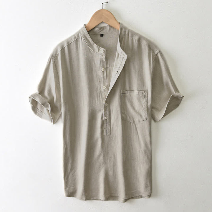 Buddha Stones Chemise homme décontractée d'été à col mandarin et manches courtes boutonnées, avec poche - Tanné - US/UK/AU42, EU52 (3XL) - image 8