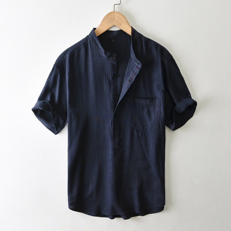 Buddha Stones Chemise homme décontractée d'été à col mandarin et manches courtes boutonnées, avec poche - Bleu nuit - US/UK/AU42, EU52 (3XL) - image 15