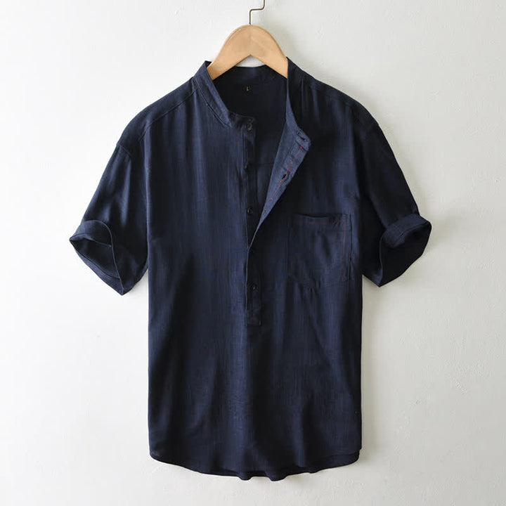 Buddha Stones Chemise homme décontractée d'été à col mandarin et manches courtes boutonnées, avec poche - Bleu nuit - US/UK/AU42, EU52 (3XL) - image 15