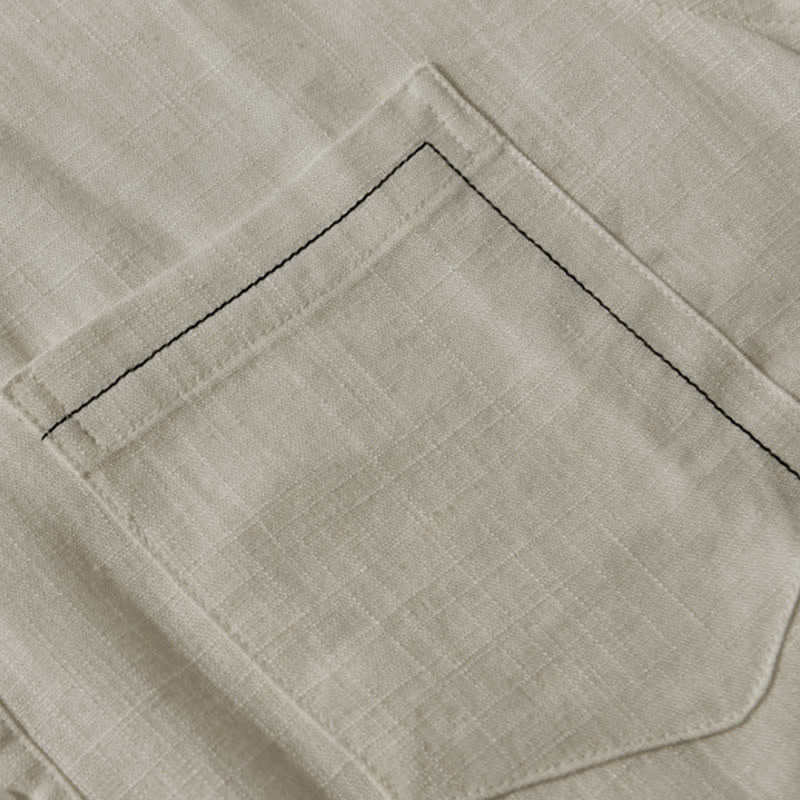 Buddha Stones Chemise homme décontractée d'été à col mandarin et manches courtes boutonnées, avec poche - image 11