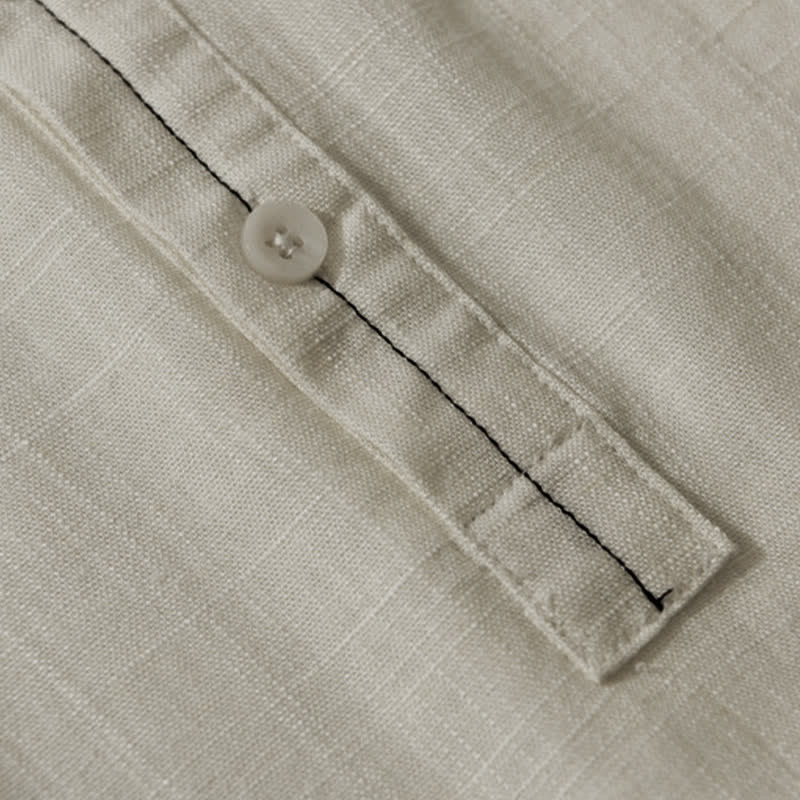 Buddha Stones Chemise homme décontractée d'été à col mandarin et manches courtes boutonnées, avec poche - image 12