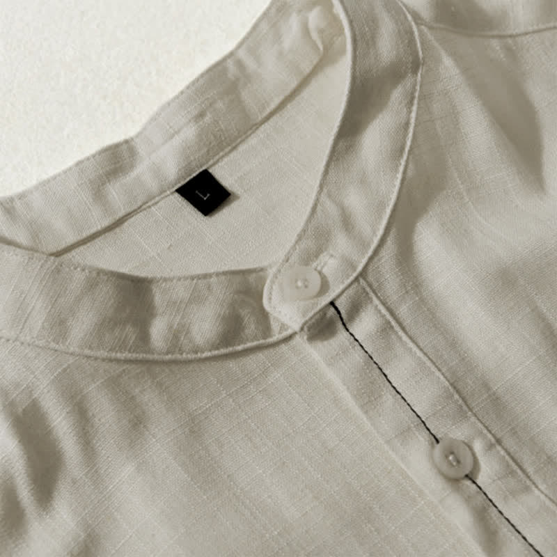 Buddha Stones Chemise homme décontractée d'été à col mandarin et manches courtes boutonnées, avec poche - image 9
