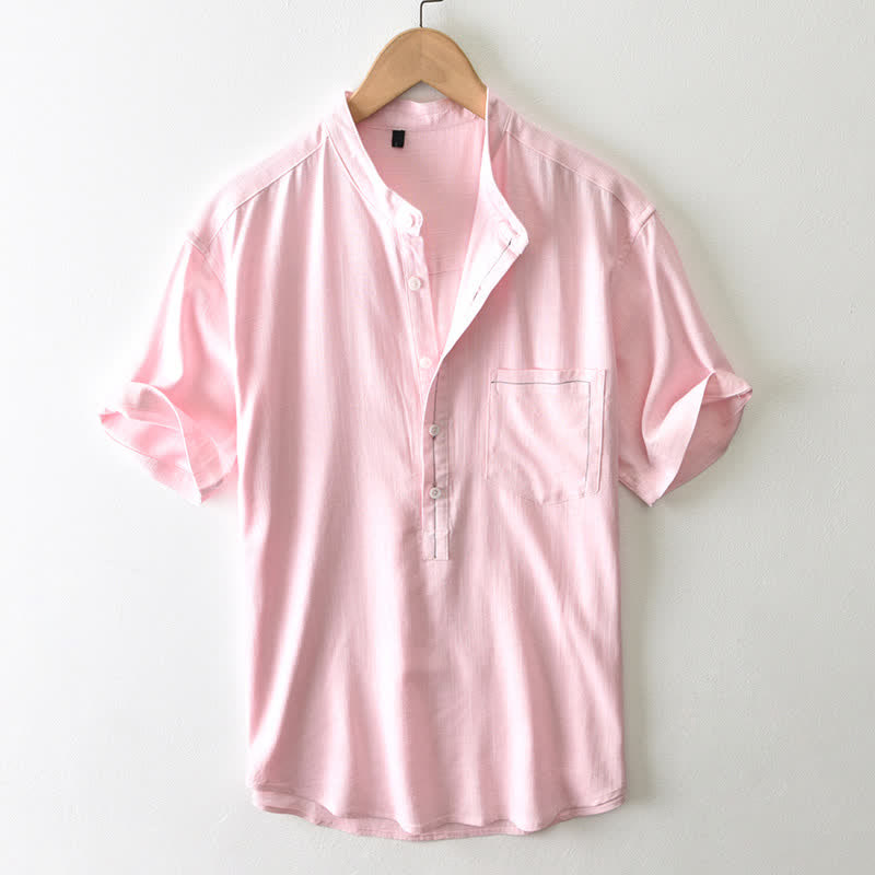 Buddha Stones Chemise homme décontractée d'été à col mandarin et manches courtes boutonnées, avec poche - Rose clair - US/UK/AU42, EU52 (3XL) - image 16