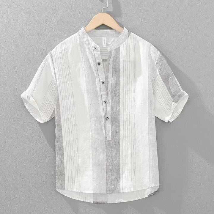 Buddha Stones Chemises d'été décontractées pour hommes, style Tang, col mandarin, rayures, manches courtes - Whitesmoke - US/UK/AU42, EU52 (3XL) - image 0