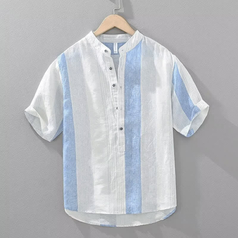 Buddha Stones Chemises d'été décontractées pour hommes, style Tang, col mandarin, rayures, manches courtes - Bleu poudré - US/UK/AU42, EU52 (3XL) - image 1