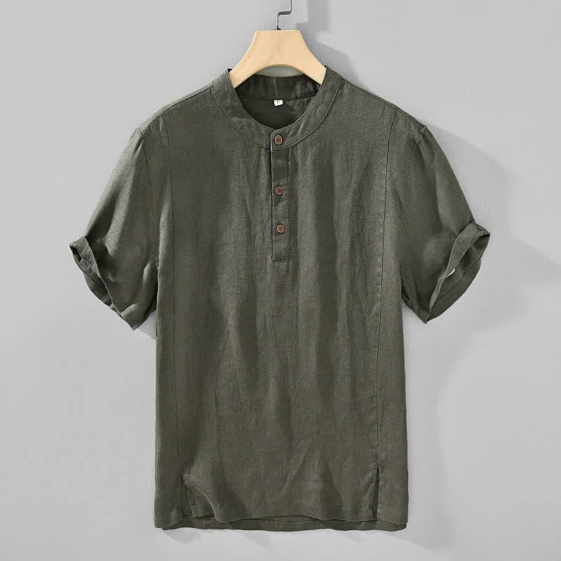Buddha Stones Chemises d'été décontractées à manches courtes pour hommes, style Tang, col mandarin, boutonnées, unies - Vert olive foncé - US/UK/AU44, EU54 (4XL) - image 8