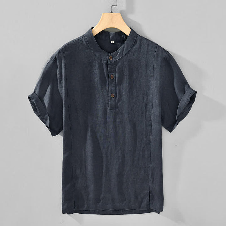 Buddha Stones Chemises d'été décontractées à manches courtes pour hommes, style Tang, col mandarin, boutonnées, unies - image 1