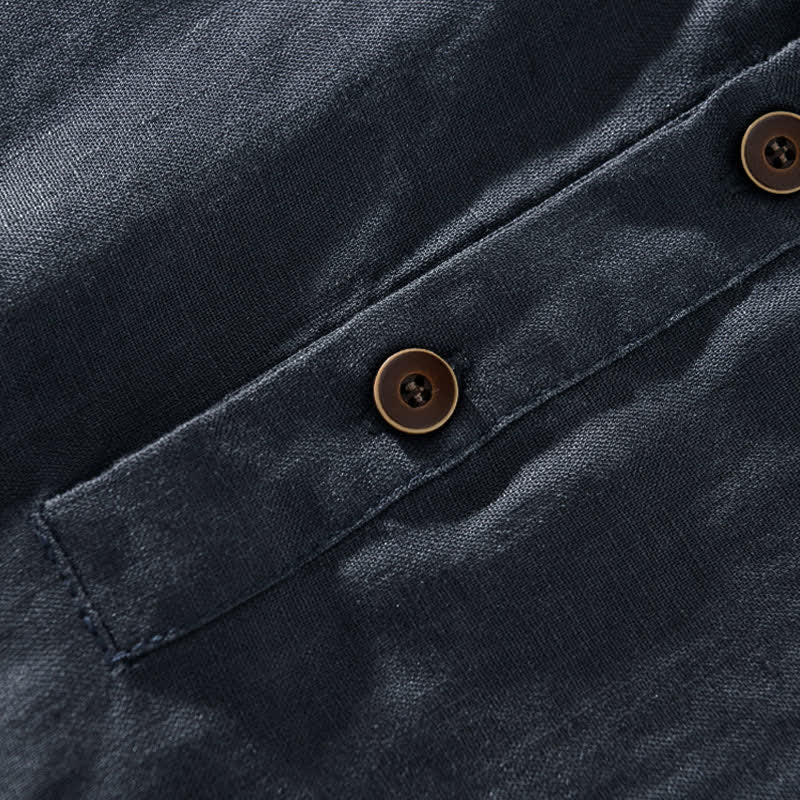 Buddha Stones Chemises d'été décontractées à manches courtes pour hommes, style Tang, col mandarin, boutonnées, unies - image 2