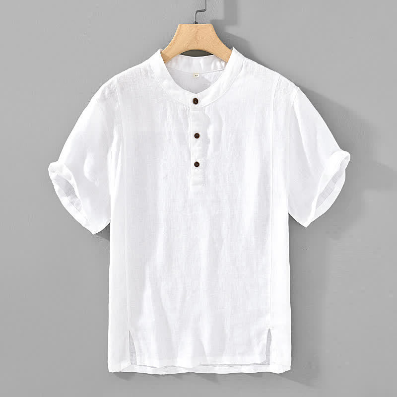 Buddha Stones Chemises d'été décontractées à manches courtes pour hommes, style Tang, col mandarin, boutonnées, unies - Blanc - US/UK/AU44, EU54 (4XL) - image 10