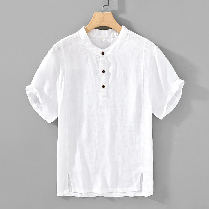 Buddha Stones Chemises d'été décontractées à manches courtes pour hommes, style Tang, col mandarin, boutonnées, unies - Blanc - US/UK/AU44, EU54 (4XL) - image 10