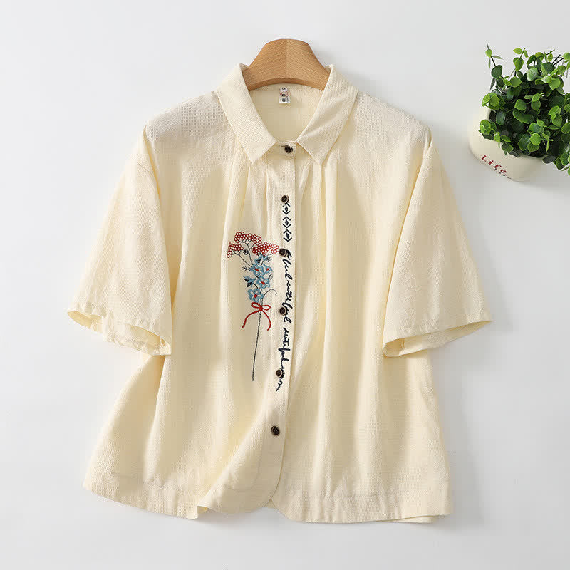 Buddha Stones Chemises d'été décontractées vintage à manches courtes pour femmes, boutonnées, brodées de fleurs - Blanc antique - US8-10, UK/AU12-14, EU40-42 (2XL) - image 0