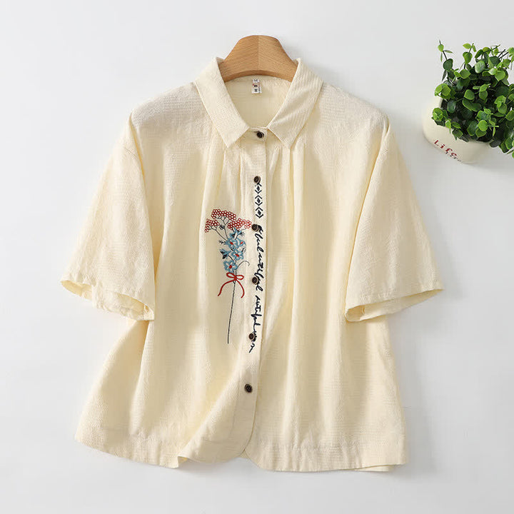 Buddha Stones Chemises d'été décontractées vintage à manches courtes pour femmes, boutonnées, brodées de fleurs - Blanc antique - US8-10, UK/AU12-14, EU40-42 (2XL) - image 0