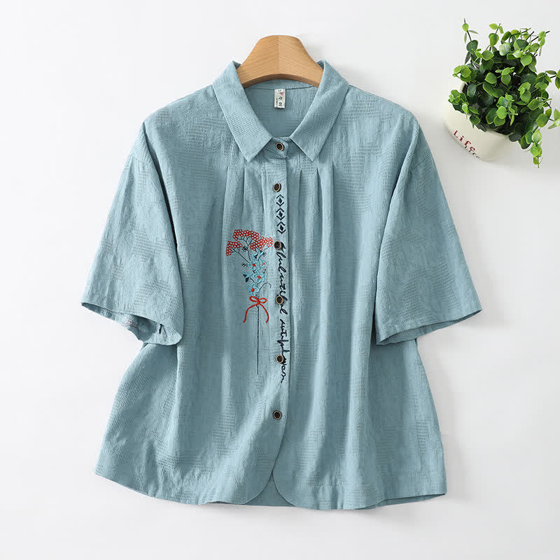 Buddha Stones Chemises d'été décontractées vintage à manches courtes pour femmes, boutonnées, brodées de fleurs - CadetBlue - US8-10, UK/AU12-14, EU40-42 (2XL) - image 1