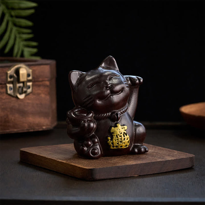 Buddha Stones Chat porte-bonheur sculpté en bois d'ébène, symbole de richesse et de prospérité - image 4
