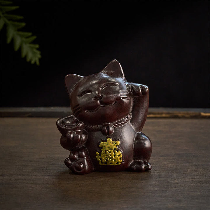 Buddha Stones Chat porte-bonheur sculpté en bois d'ébène, symbole de richesse et de prospérité - image 3