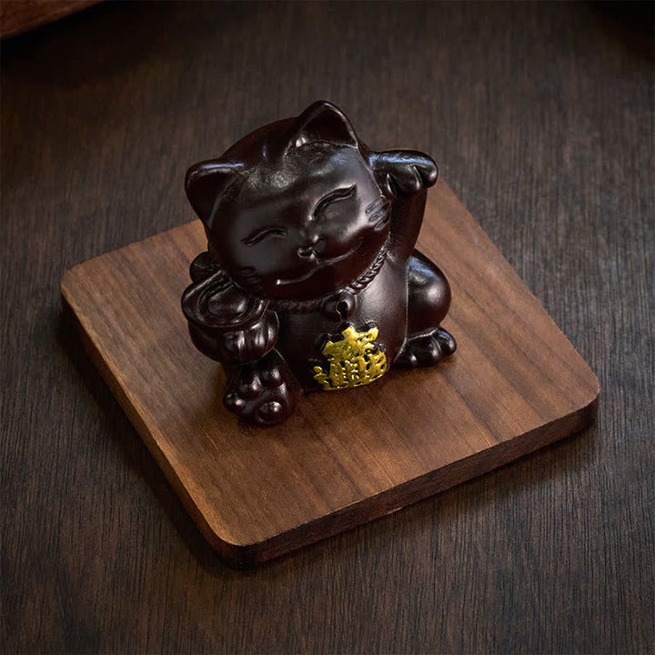 Buddha Stones Chat porte-bonheur sculpté en bois d'ébène, symbole de richesse et de prospérité - image 6