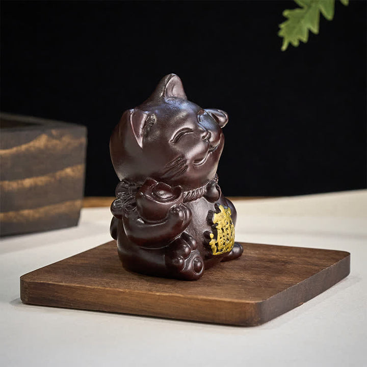 Buddha Stones Chat porte-bonheur sculpté en bois d'ébène, symbole de richesse et de prospérité - image 5