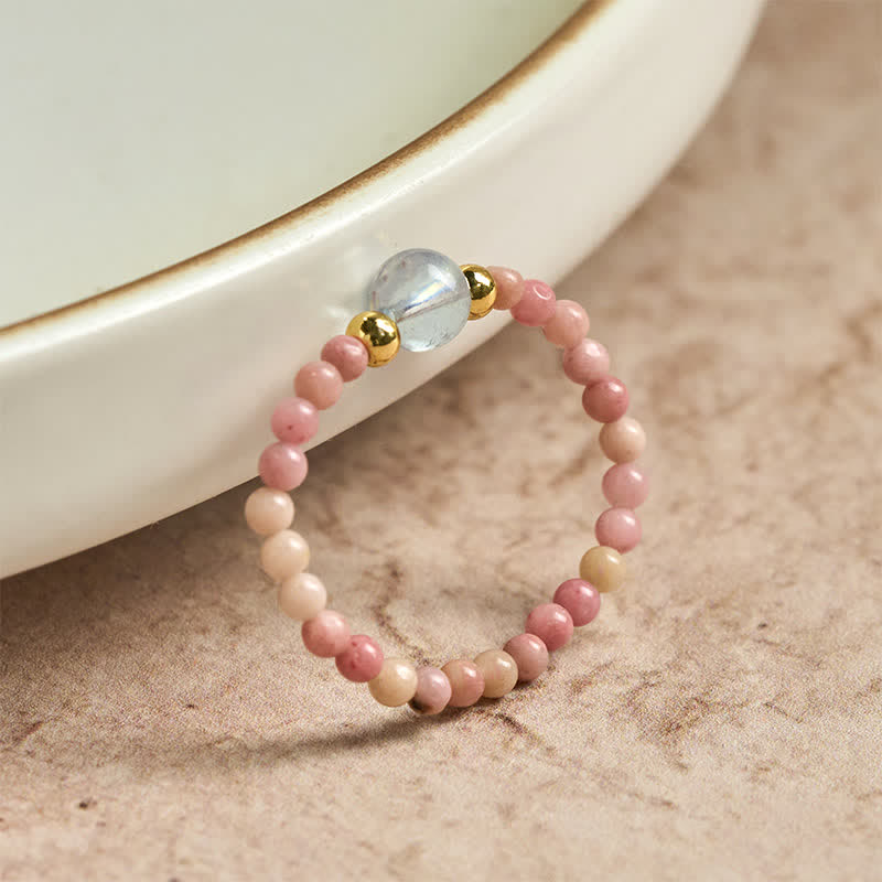 Buddha Stones Anneau élastique de guérison avec mini perles de 2 mm en rhodonite naturelle, aigue-marine, topaze et quartz rose - image 1