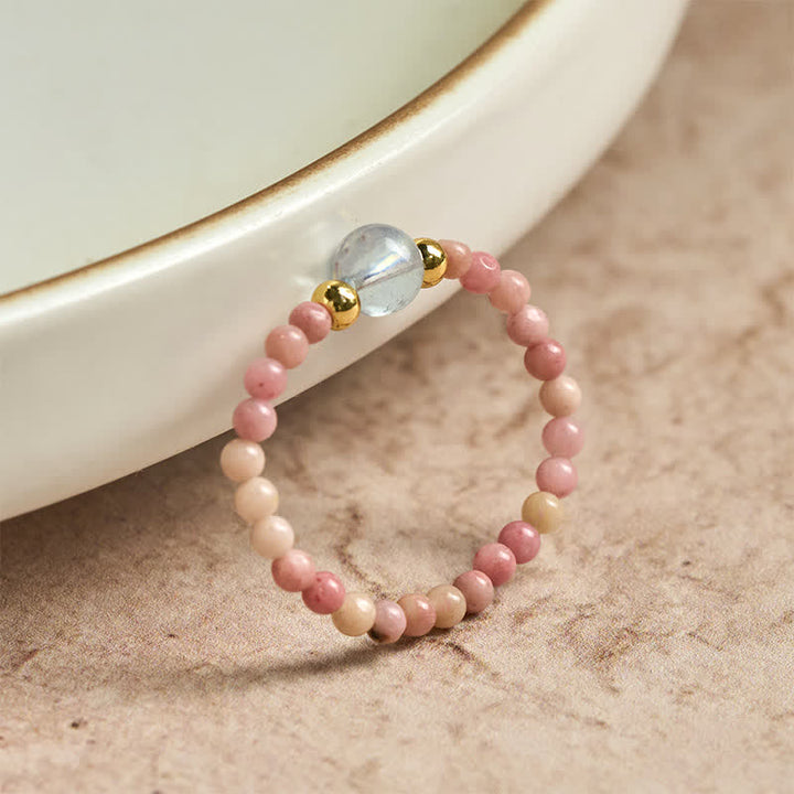 Buddha Stones Anneau élastique de guérison avec mini perles de 2 mm en rhodonite naturelle, aigue-marine, topaze et quartz rose - image 1