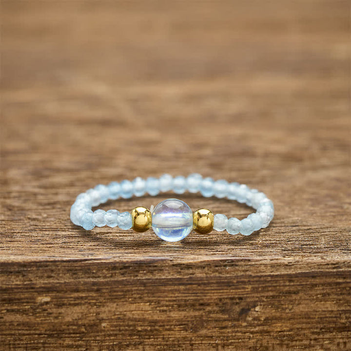 Buddha Stones Anneau élastique de guérison avec mini perles de 2 mm en rhodonite naturelle, aigue-marine, topaze et quartz rose - Aigue-marine naturelle (la couleur peut varier) (2 mm + 4 mm) - image 19
