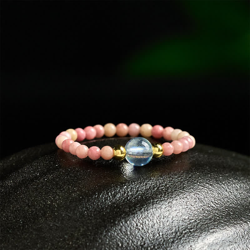 Buddha Stones Anneau élastique de guérison avec mini perles de 2 mm en rhodonite naturelle, aigue-marine, topaze et quartz rose - image 3