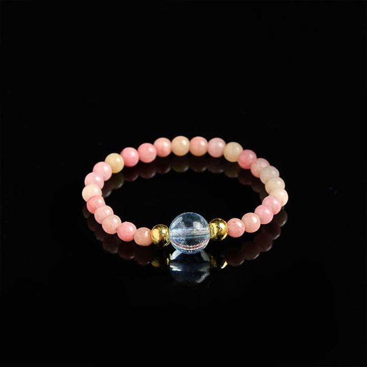 Buddha Stones Anneau élastique de guérison avec mini perles de 2 mm en rhodonite naturelle, aigue-marine, topaze et quartz rose - image 2
