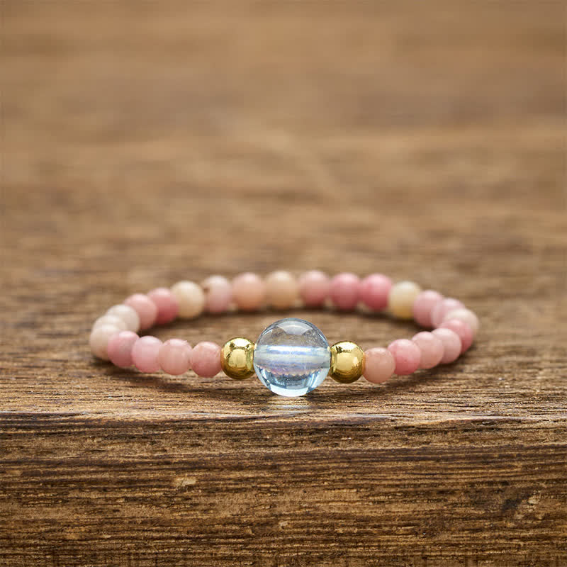 Buddha Stones Anneau élastique de guérison avec mini perles de 2 mm en rhodonite naturelle, aigue-marine, topaze et quartz rose - Rhodonite naturelle (couleur variable) + Aigue-marine naturelle (couleur variable) (2 mm + 4 mm) - image 0