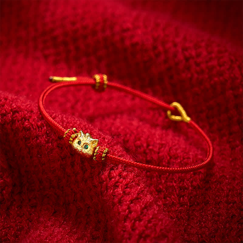 Buddha Stones Bracelet porte-bonheur chat mignon tissé à la main en fil rouge - Rouge (Tour de poignet 15-19 cm) - image 0